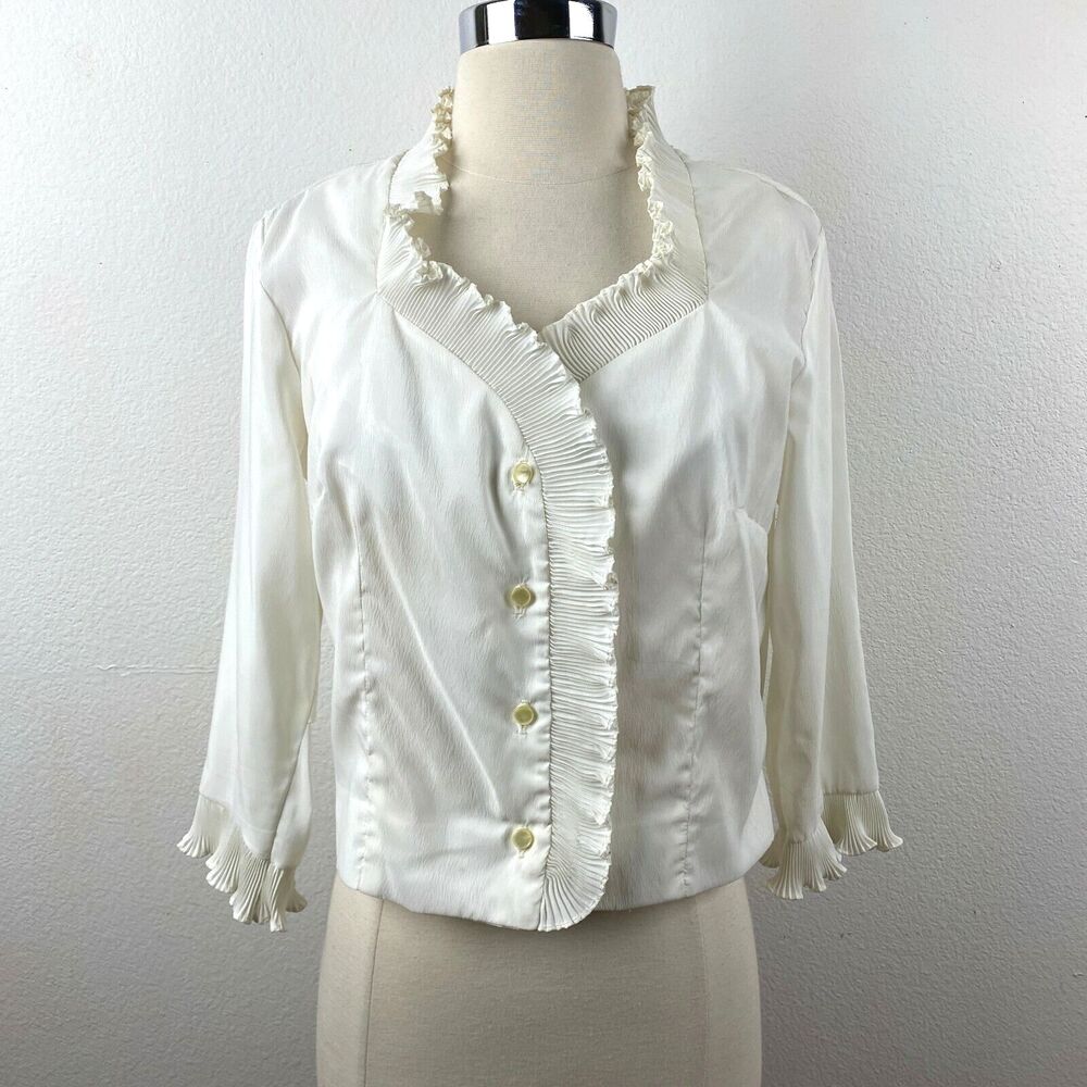 Vtg 60s Teddi of California White Crepe Blouse 34 Accordion Ruffles Crop Top